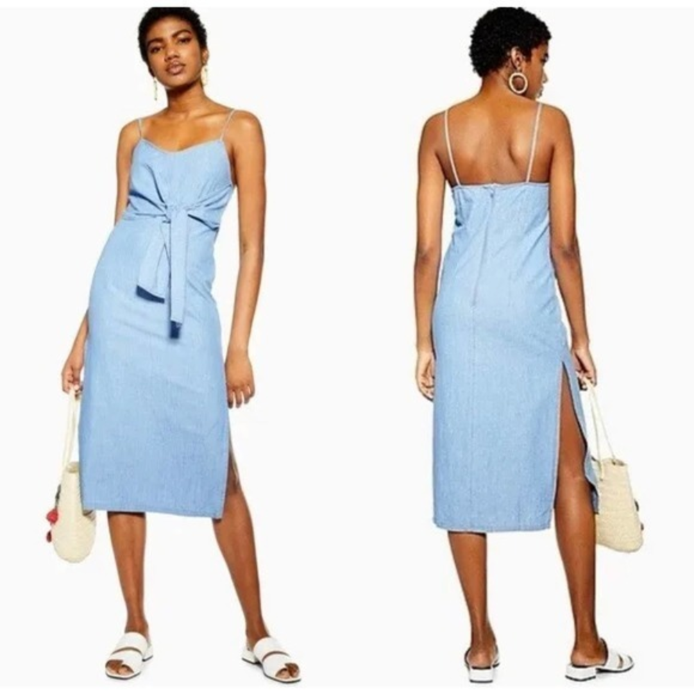 Topshop Size 8 Chambray Strappy Tie Front‎ Side Slit Midi Dress Blue